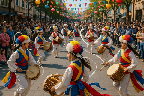 인천 부평풍물대축제 거리 공연 장면, 전통 복장의 연주자들과 관람객들
