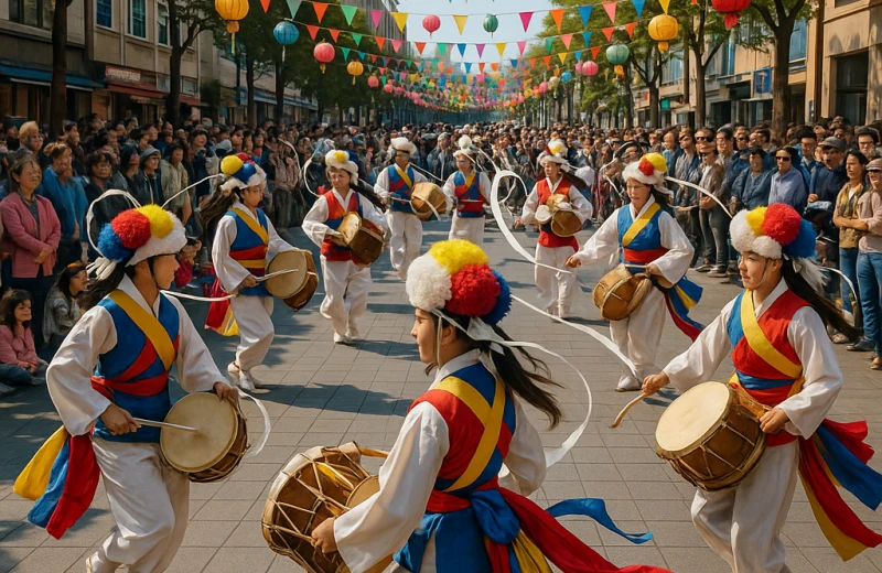 인천 부평풍물대축제 거리 공연 장면, 전통 복장의 연주자들과 관람객들