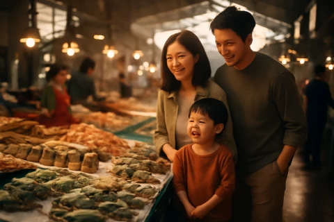 인천 소래포구 어시장 해산물 진열대를 구경하는 가족 나들이 장면