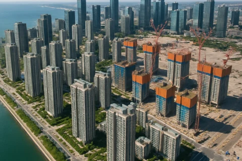 인천 송도국제도시 글로벌타운 아파트 건설 현장 항공 뷰