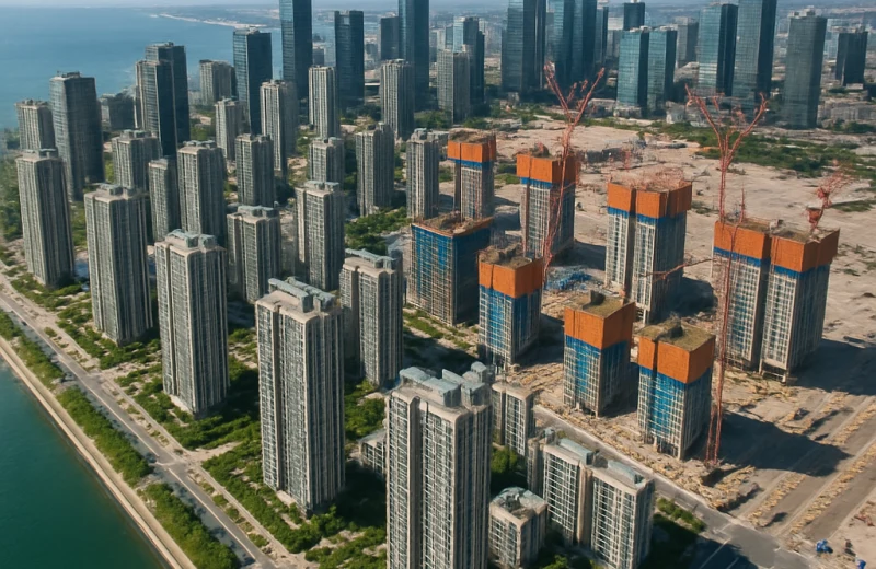 인천 송도국제도시 글로벌타운 아파트 건설 현장 항공 뷰