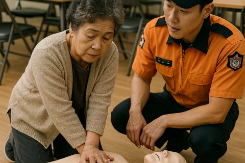 인천 경로당에서 소방관과 함께 CPR 실습 중인 어르신