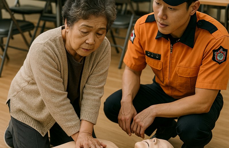 인천 경로당에서 소방관과 함께 CPR 실습 중인 어르신