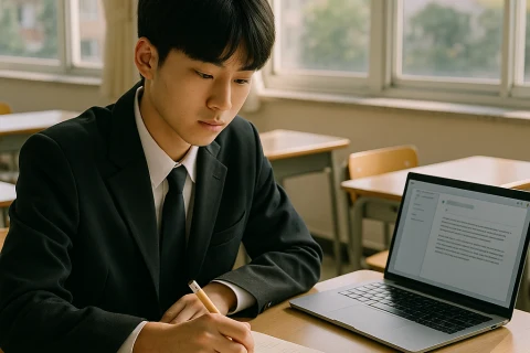 인천 고등학생이 책과 AI 도구를 함께 활용해 글쓰기 학습하는 교실 장면