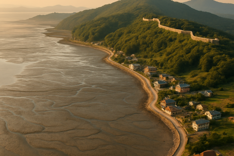 인천 강화도 당일치기 코스 갯벌과 성곽이 보이는 항공 풍경