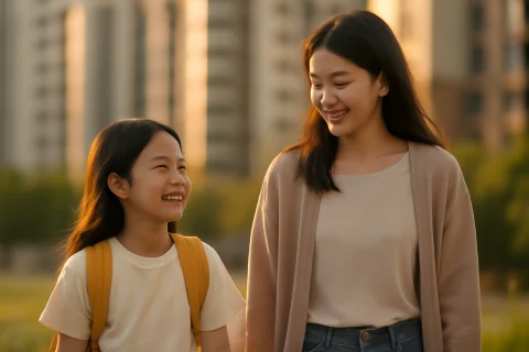 인천 계양구 학군 이사를 고민하는 학부모와 아이가 아파트 단지 근처를 걷는 장면