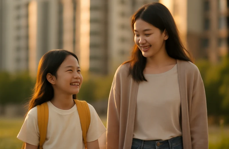 인천 계양구 학군 이사를 고민하는 학부모와 아이가 아파트 단지 근처를 걷는 장면