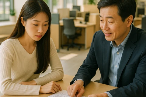 인천 공공기관 채용 상담 중인 청년과 취업 컨설턴트