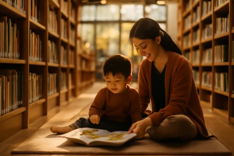 인천 공공도서관 내부에서 책을 읽는 엄마와 아이