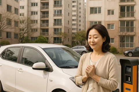 인천 공영주차장 요금 감면 신청하는 40대 여성과 주차 정산기