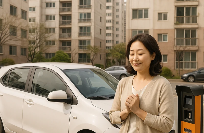 인천 공영주차장 요금 감면 신청하는 40대 여성과 주차 정산기