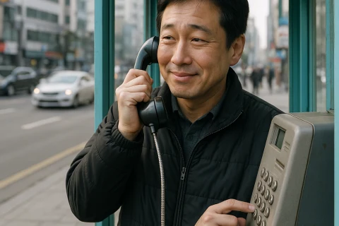 인천 시내 공중전화 부스를 이용하는 시민의 모습