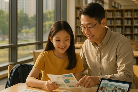 인천 교육청 지원 프로그램 정보를 확인하는 학부모와 초등학생 자녀