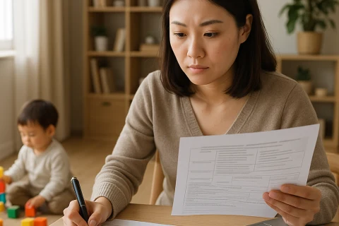 인천 국공립 어린이집 입소 신청서를 작성하는 엄마와 노는 아이