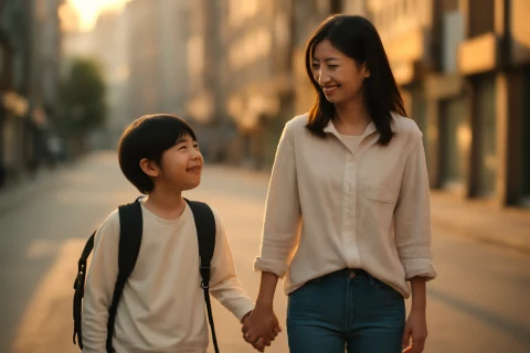 인천 남동구 구월동 학원가 골목을 함께 걷는 학부모와 초등학생
