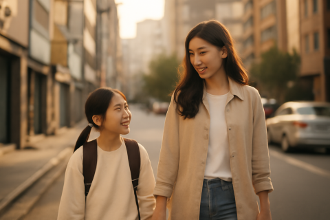 인천 남동구 구월동 학원가 거리를 함께 걷는 학부모와 초등학생 자녀