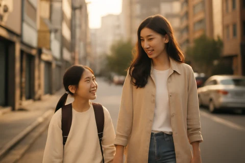 인천 남동구 구월동 학원가 거리를 함께 걷는 학부모와 초등학생 자녀