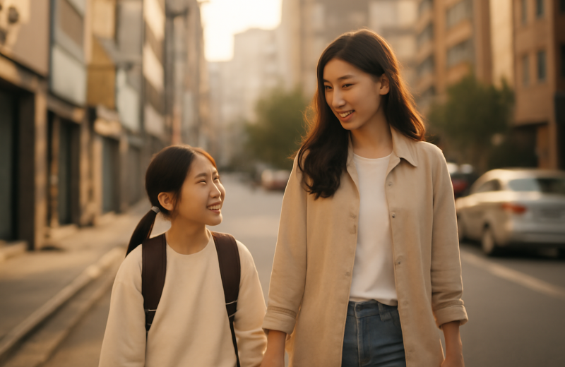 인천 남동구 구월동 학원가 거리를 함께 걷는 학부모와 초등학생 자녀
