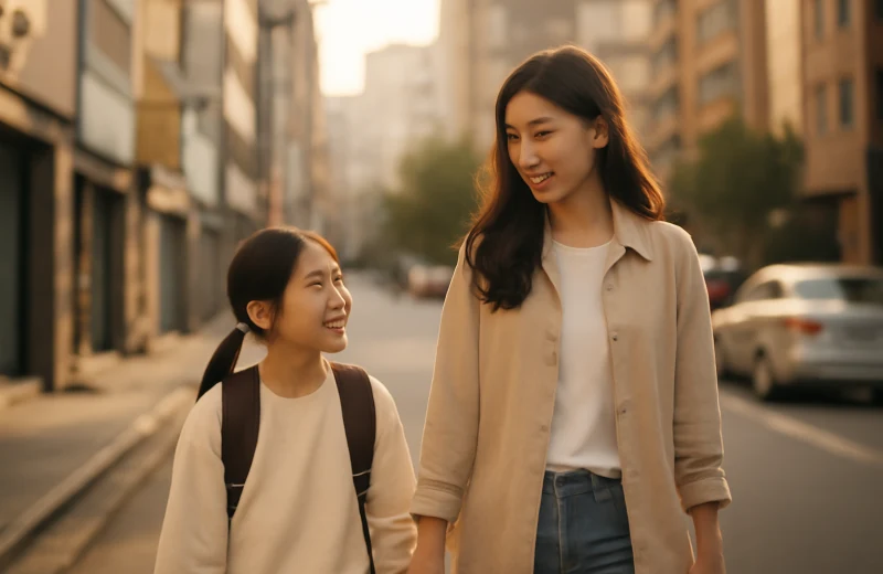 인천 남동구 구월동 학원가 거리를 함께 걷는 학부모와 초등학생 자녀