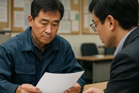 인천 하청 노동자가 노동센터에서 노동조합 관계자와 교섭 서류를 검토하는 장면