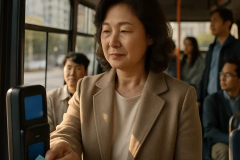 인천 버스 교통카드 단말기에 카드를 태그하는 시민 모습