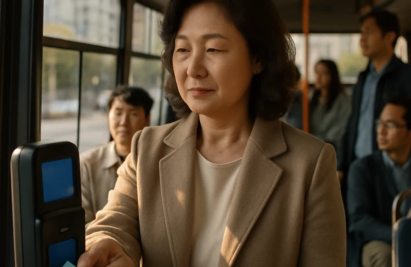 인천 버스 교통카드 단말기에 카드를 태그하는 시민 모습