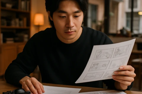 인천 독립영화 창작자가 작업실에서 시나리오와 스토리보드를 검토하는 장면