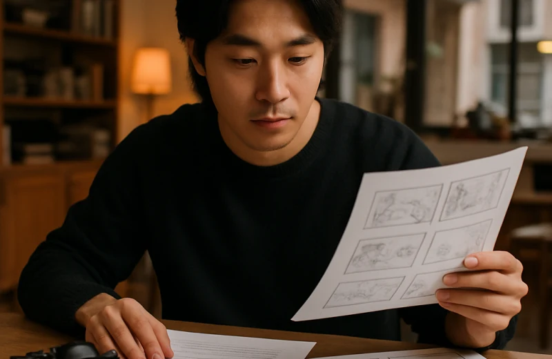 인천 독립영화 창작자가 작업실에서 시나리오와 스토리보드를 검토하는 장면