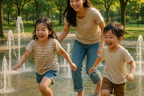 인천 공원 무료 물놀이장에서 아이들과 즐기는 여름 피서 장면