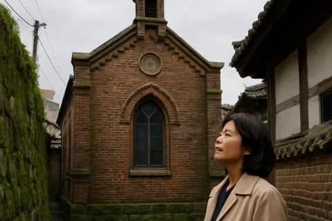 인천 중구 답동 마라발 형제 선교사 경당 앞에서 문화유산을 감상하는 여성