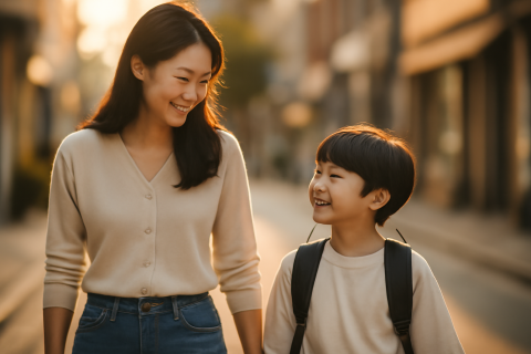 인천 미추홀구 학군 학원가 정보를 알아보는 학부모와 아이 등하굣길 장면