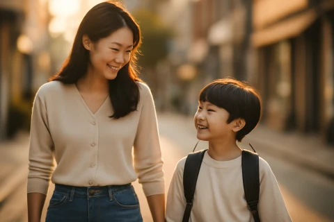 인천 미추홀구 학군 학원가 정보를 알아보는 학부모와 아이 등하굣길 장면