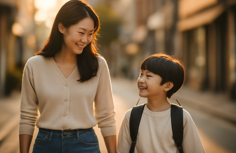 인천 미추홀구 학군 학원가 정보를 알아보는 학부모와 아이 등하굣길 장면