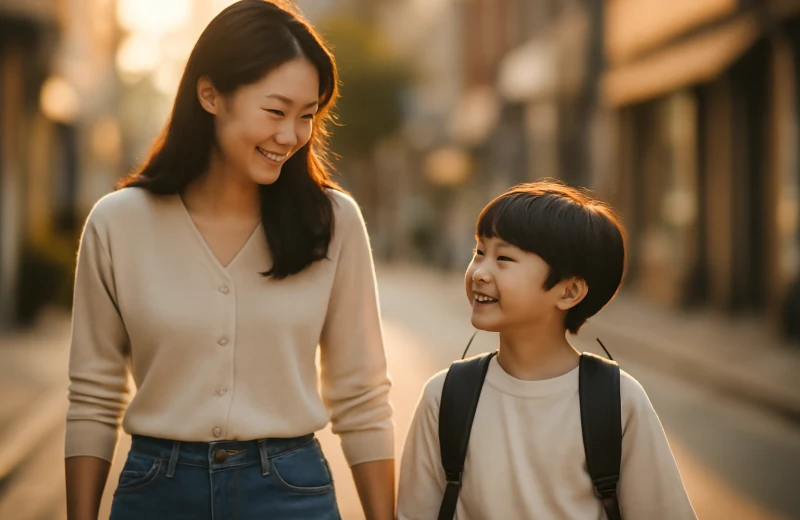 인천 미추홀구 학군 학원가 정보를 알아보는 학부모와 아이 등하굣길 장면