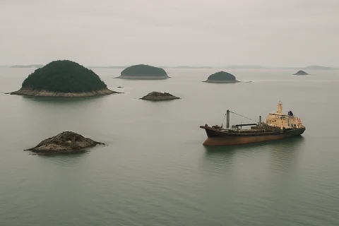 인천 옹진군 앞바다 바닷모래 채취 선박 항공 풍경