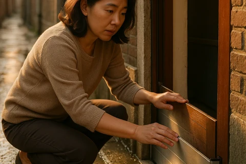 인천 반지하 주택 현관 차수판 점검하는 여성