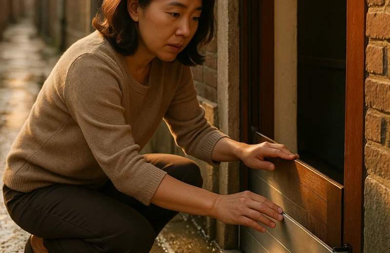 인천 반지하 주택 현관 차수판 점검하는 여성