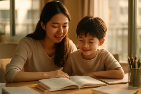 인천 부평구 학군 학원가 정보를 확인하는 학부모와 초등학생 자녀