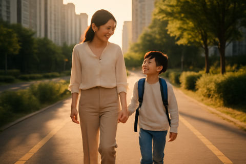 인천 서구 청라 학군 학부모와 아이가 신도시 통학로를 함께 걷는 장면
