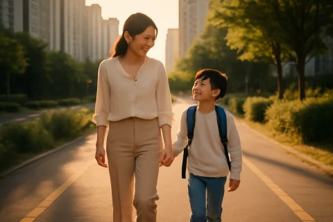 인천 서구 청라 학군 학부모와 아이가 신도시 통학로를 함께 걷는 장면