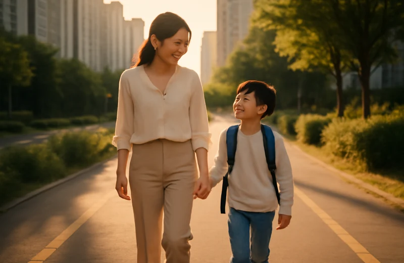 인천 서구 청라 학군 학부모와 아이가 신도시 통학로를 함께 걷는 장면