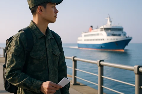 인천 연평도 여객선 터미널에서 승선권을 들고 있는 군인 장병