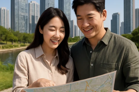 인천 송도국제도시 센트럴파크에서 지도를 보며 이사 준비하는 커플