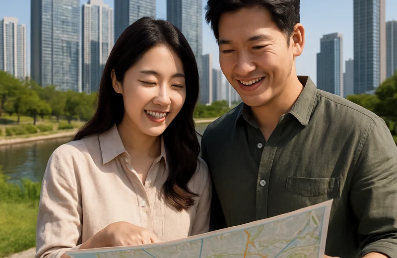 인천 송도국제도시 센트럴파크에서 지도를 보며 이사 준비하는 커플