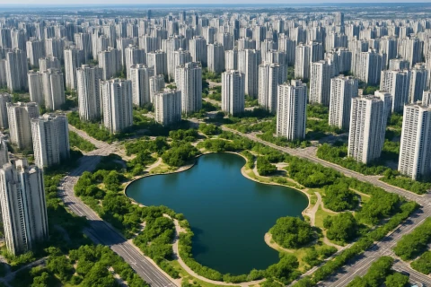 인천 송도 청라 신도시 아파트 단지와 호수공원 항공 전경