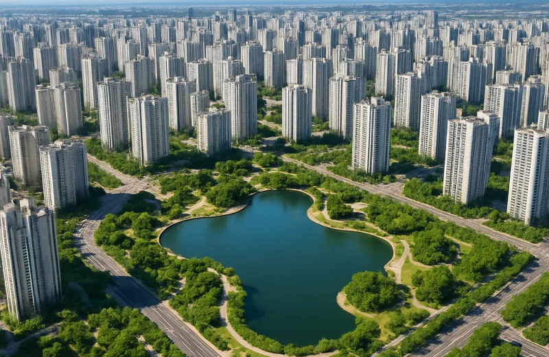 인천 송도 청라 신도시 아파트 단지와 호수공원 항공 전경