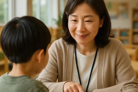 인천 아동학대 예방 교육 현장에서 사회복지사가 아동과 상담하는 장면