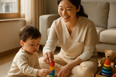 인천 아이돌봄 서비스 돌보미가 가정에서 영아와 놀이하는 장면