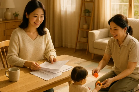 인천 아이돌봄 서비스 신청 서류를 검토하는 엄마와 집에서 아이를 돌보는 돌보미 장면