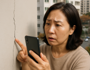 인천 아파트 외벽 균열을 확인하는 입주민 장면